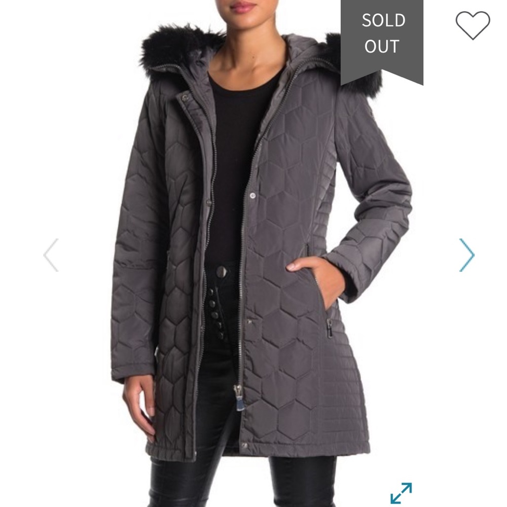 Removable Faux Fur Trim Hood Quilted Jacket